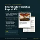 Kit 2 of 6, Church Stewardship Report Kit: tithes, designated gifts and missions giving on their own lines, funds explained plainly, ministry results, 20 metrics each with a caution, shown with the report cover and a giving page.