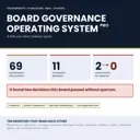 Navy cover for the Nonprofit Board Governance Operating System Pro, an Excel board management template: governance health index 69, 11 assurance breaches, finance skill cover falling from 2 to 0 in seven months, 17 sheets, instant download.