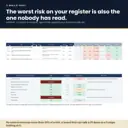 Nonprofit risk register in Excel scoring inherent, control and residual risk against the board's own appetite, above a mandatory policy checklist that names which of the thirteen expected policies are missing.