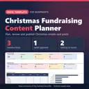 Christmas Fundraising Content Planner Excel template for nonprofits: real capture of the included file showing 3 overdue items, 1 needs approval and 2 waiting on assets (fictional sample data).