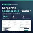Corporate Sponsorship Tracker Excel template for nonprofits: real capture of the included file showing 56% benefits delivered, 2 deals at risk and 2 renewals need attention (fictional sample data).