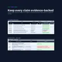 Evidence register with review and effective status, and a claims gate blocking unsupported or carbon neutral wording