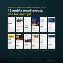Grid of twelve single-column Canva email layouts: personal letter, story to ask, evidence to ask, launch, progress, verified match, deadline, thank-you, funds at work and more.
