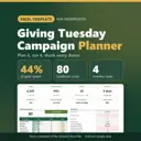 Giving Tuesday Campaign Planner Excel template for nonprofits: real capture of the included file showing 44% of goal raised, 80 readiness score and 4 overdue tasks (fictional sample data).