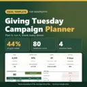 Giving Tuesday Campaign Planner Excel template for nonprofits: real capture of the included file showing 44% of goal raised, 80 readiness score and 4 overdue tasks (fictional sample data).