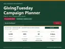 Cover: GivingTuesday Campaign Planner, Excel workbook for nonprofits. Demo dashboard shows 6,545 raised of a 15,000 goal (44%), 42 donors, 4 days to go, 4 overdue tasks. Labels: 13 connected sheets, dashboard + readiness score.