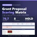 Grant Proposal Scoring Matrix XLSX workbook for nonprofits: real capture of the included file showing 76.7 out of 100, 8 critical failures and HOLD the decision (fictional sample data).