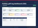 Holiday Donation Tracker dashboard from the bundle showing total entered vs campaign goals, pending thank-yous and possible duplicates, fictional sample data