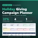 Holiday Giving Campaign Planner Excel template for nonprofits: real capture of the included file showing 37% of season target, 4 overlapping appeals and 1 dependency risk (fictional sample data).