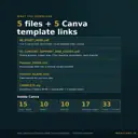What you download: Start Here PDF with 5 Canva template links, content support and guides PDF, Excel planner in demo and blank versions, and a complete ZIP; inside Canva 15 daily, 10 weekly, 10 monthly, 17 campaign layouts and 33 blocks