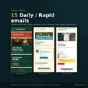 Three of the fifteen Daily / Rapid Canva email templates: urgent need appeal, volunteer call and take action; the set covers all five angles