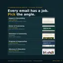 The five communication angles, each with its own visual system: Impact Editorial, Donor Campaign, Community, Professional NGO and Advocacy Editorial, shown with sample email headers