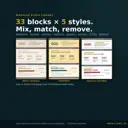 Modular block library in Canva: the same metric blocks (single stat, three-stat row, progress bar) shown in three of the five visual styles; 33 blocks in total, each in all five styles