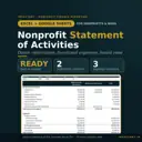 Nonprofit Statement of Activities spreadsheet for Excel and Google Sheets showing a READY review, with and without donor restriction columns and program, management and fundraising expenses
