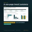 One-page nonprofit board summary with four key numbers, prior period, revenue by source, expenses by function and revenue vs expenses charts