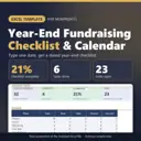 Year-End Fundraising Checklist & Calendar Excel template for nonprofits: real capture of the included file showing 21% checklist complete, 6 tasks done and 23 tasks open (fictional sample data).