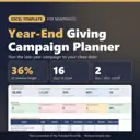 Year-End Giving Campaign Planner Excel template for nonprofits: real capture of the included file showing 36% of revenue target, 16 days to close and 2 late / after cutoff (fictional sample data).